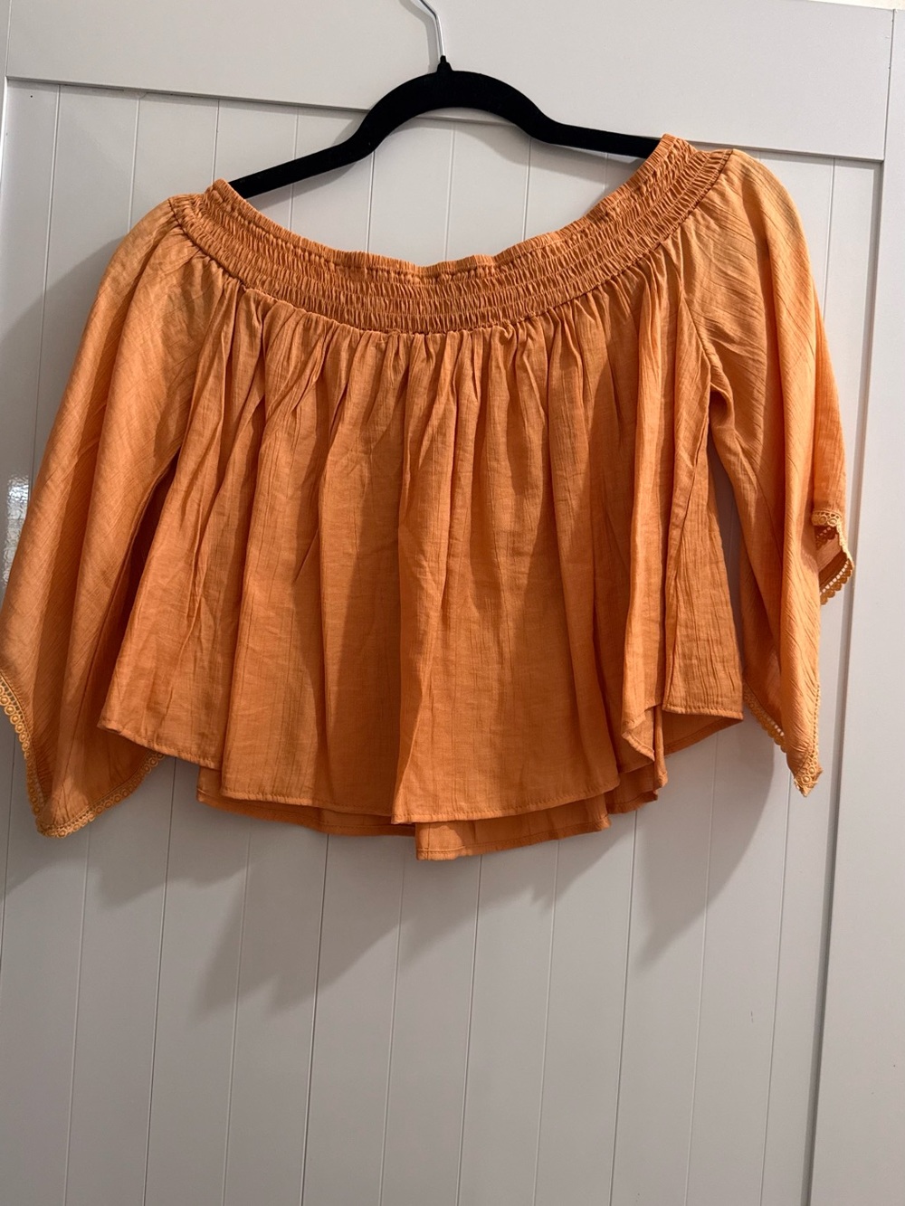 Smocked Off-Shoulder Cropped Top in Tangerine